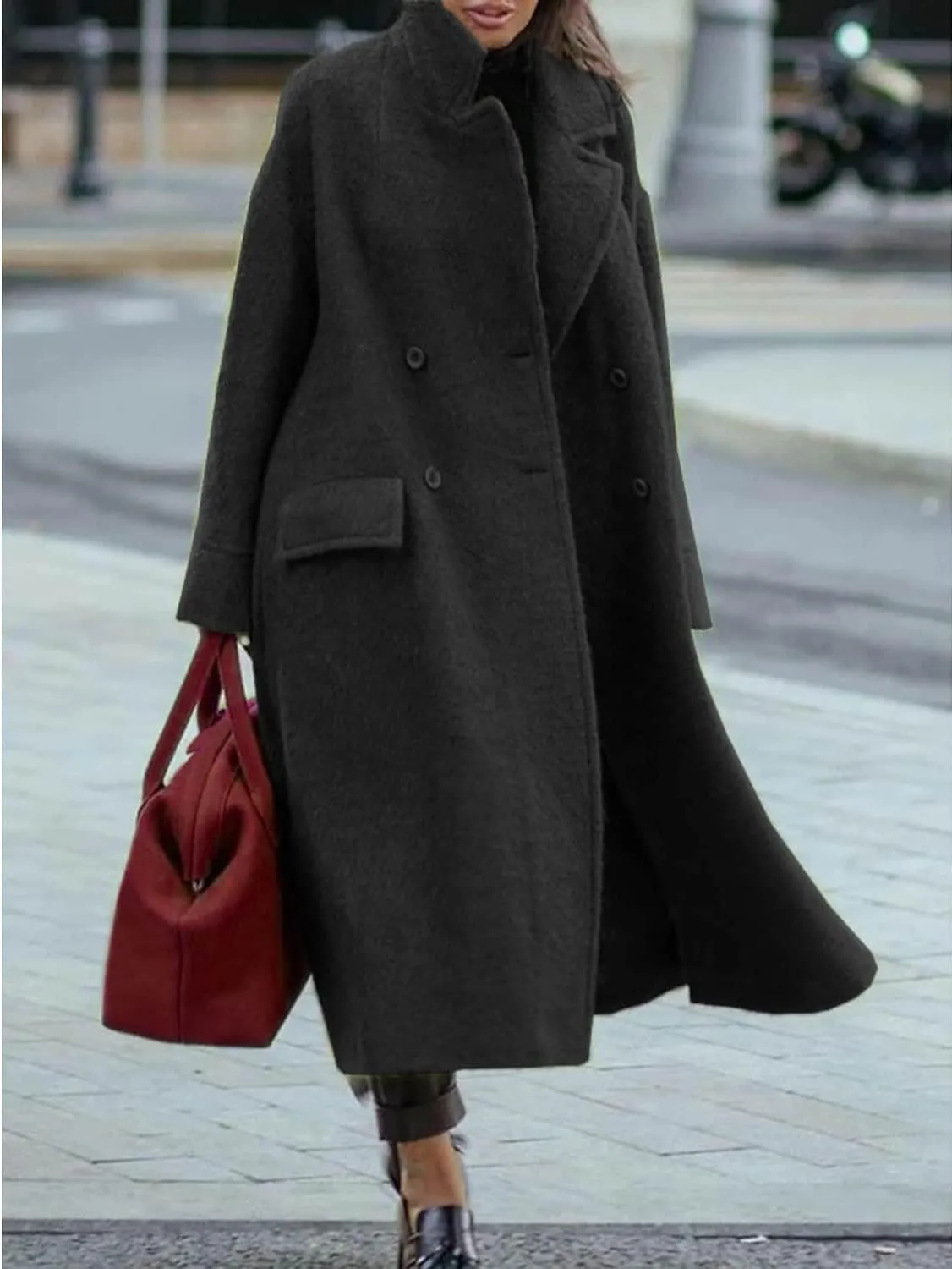 utcoco Women's Long Wool Coats Double Breasted Pea Coat Notched Lapel Trench Coat Overcoat
