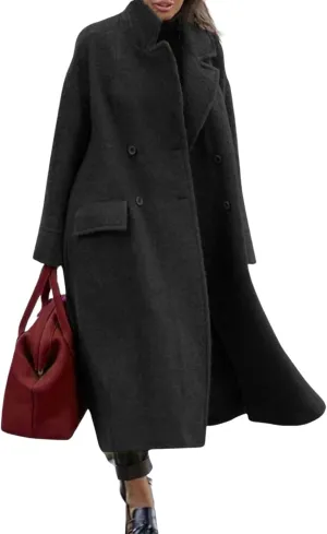 utcoco Women's Long Wool Coats Double Breasted Pea Coat Notched Lapel Trench Coat Overcoat