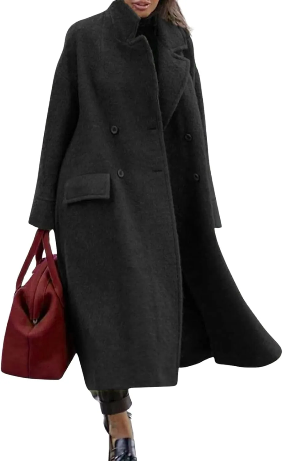 utcoco Women's Long Wool Coats Double Breasted Pea Coat Notched Lapel Trench Coat Overcoat