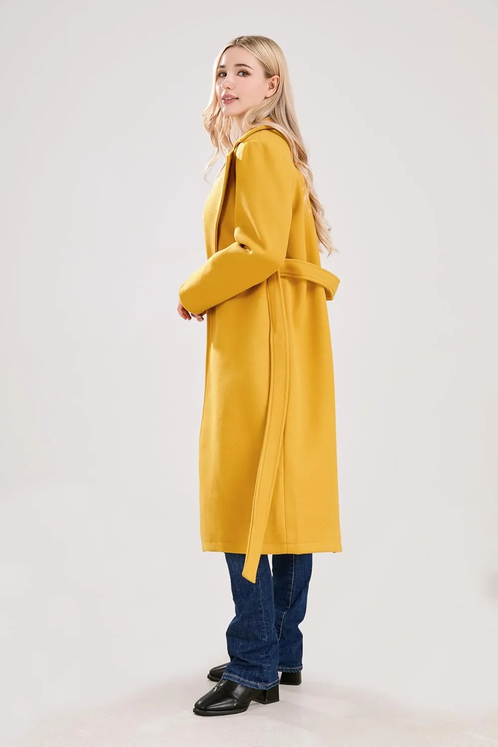utcoco Womens Long Wool Pea Coats Notched Collar Open Front Woolen Blend Trench Coat with Belt