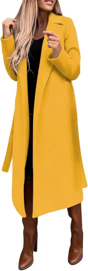 utcoco Womens Long Wool Pea Coats Notched Collar Open Front Woolen Blend Trench Coat with Belt