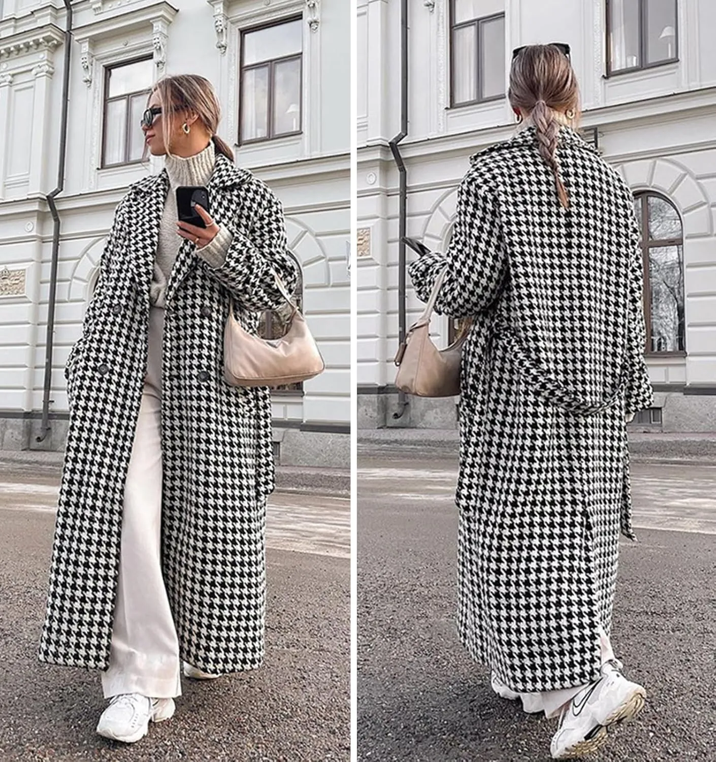 utcoco Womens Long Wool Trench Coat Notched Lapel Double Breasted Pea Coat Winter Warm Overcoat with Belt