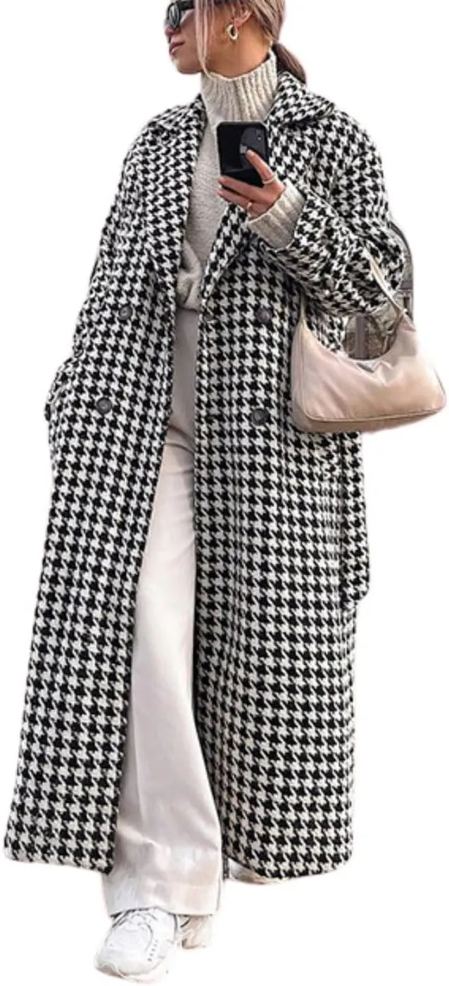 utcoco Womens Long Wool Trench Coat Notched Lapel Double Breasted Pea Coat Winter Warm Overcoat with Belt