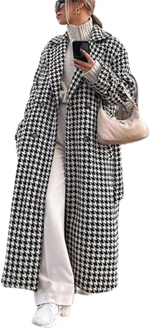utcoco Womens Long Wool Trench Coat Notched Lapel Double Breasted Pea Coat Winter Warm Overcoat with Belt