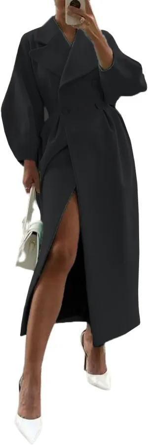 utcoco Womens Notched Lapel Double Breasted Pea Coat Winter Warm Wool Blend Overcoat Long Trench Coat