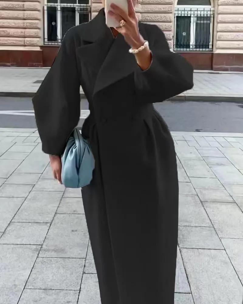utcoco Womens Notched Lapel Double Breasted Pea Coat Winter Warm Wool Blend Overcoat Long Trench Coat