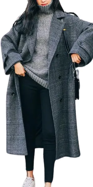 utcoco Womens Plaid Wool Blend Long Pea Coat Notched Lapel Double Breasted Trench Coat Overcoat