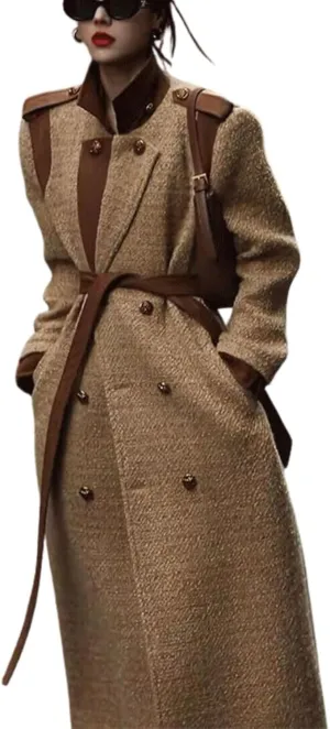 utcoco Womens Wool Blend Long Pea Coat Stand Collar Double Breasted Trench Coat Winter Warm Overcoat with Belt