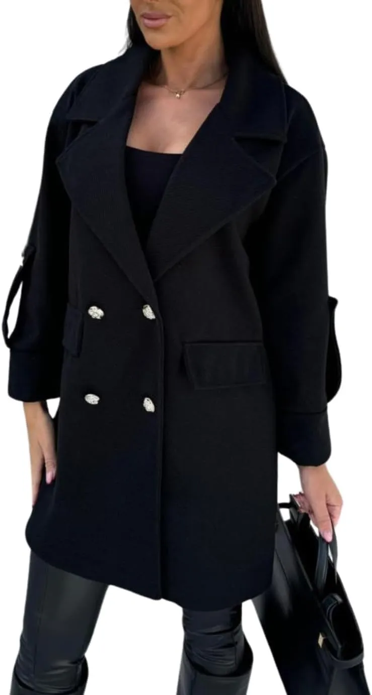 utcoco Womens Wool Blend Pea Coats Notched Lapel Double Breasted Mid Long Trench Overcoat