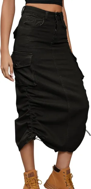 utcoco Women's Y2K Hippie Midi Jean Skirt High Waisted Drawstring Mid Long Denim Skirt with Multi Pocket