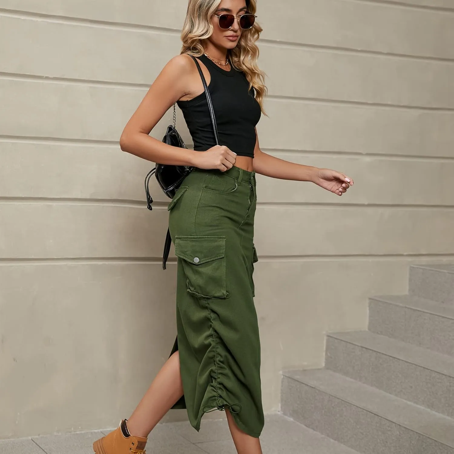 utcoco Women's Y2K Hippie Midi Jean Skirt High Waisted Drawstring Mid Long Denim Skirt with Multi Pocket