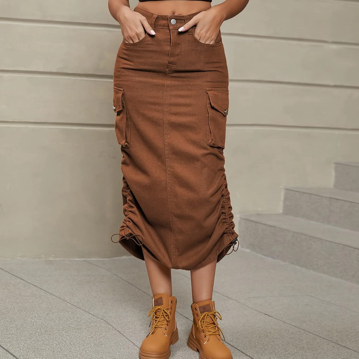 utcoco Women's Y2K Hippie Midi Jean Skirt High Waisted Drawstring Mid Long Denim Skirt with Multi Pocket