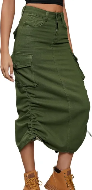 utcoco Women's Y2K Hippie Midi Jean Skirt High Waisted Drawstring Mid Long Denim Skirt with Multi Pocket