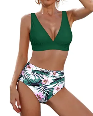V Neck High Waisted Two Piece Swimsuit Tummy Control Bathing Suit-Green Tropical Floral
