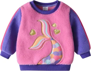 VIKITA Toddler Girls Fuzzy Sherpa Sweatshirt Long Sleeve Fleece Pullover Soft Warm Tops with Sparkle Cute Cartoon