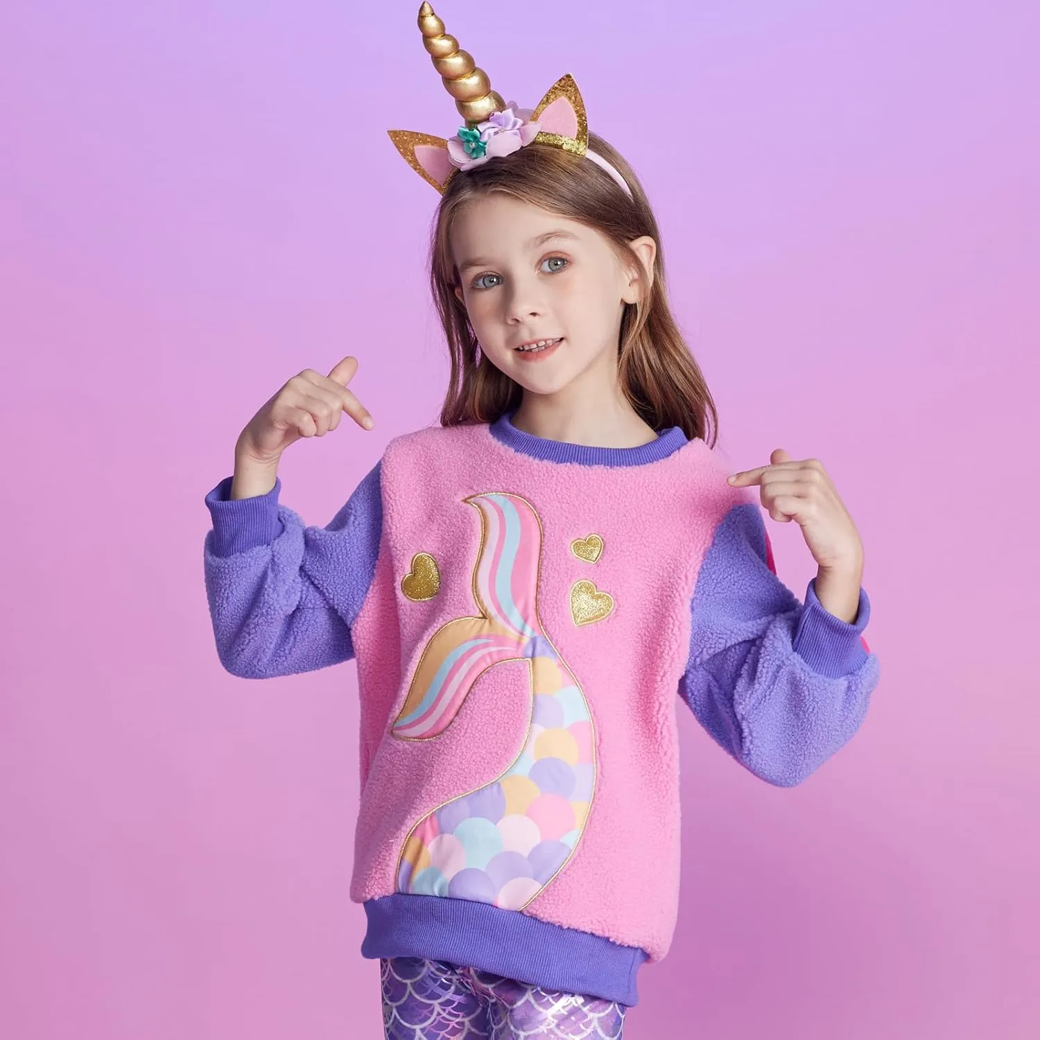 VIKITA Toddler Girls Fuzzy Sherpa Sweatshirt Long Sleeve Fleece Pullover Soft Warm Tops with Sparkle Cute Cartoon