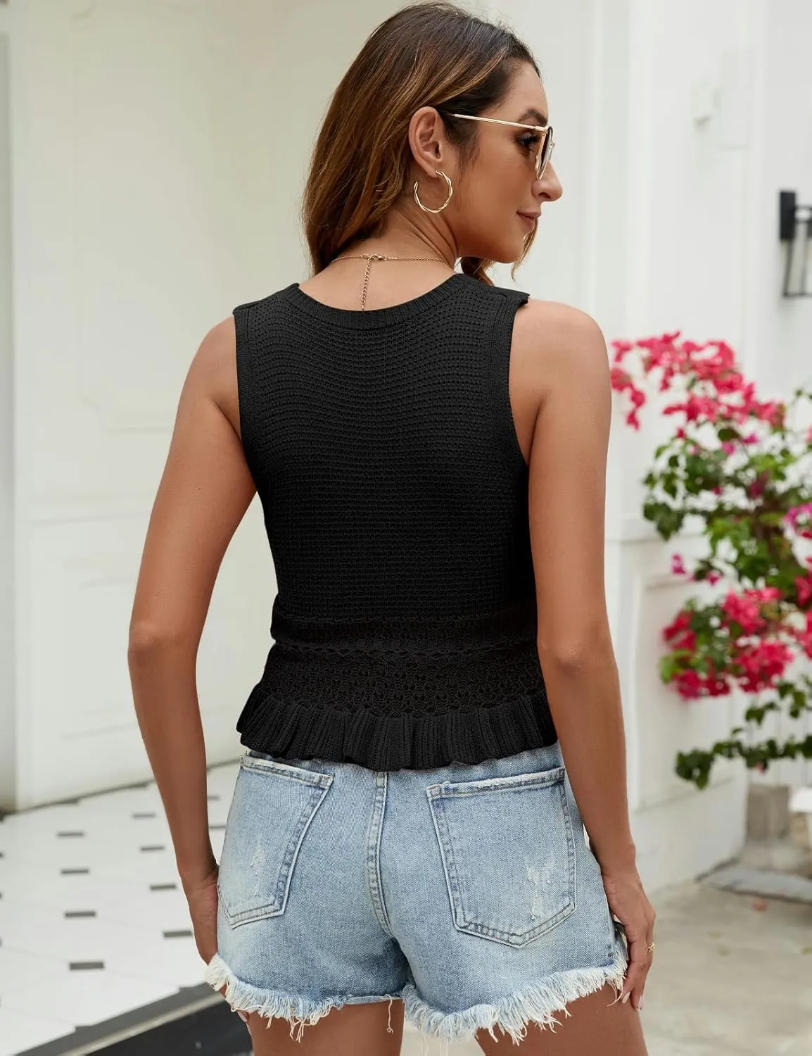 VIMPUNEC Womens Summer Crop Tank Tops Cute Knit Sweater Vest Crochet Sleeveless Pullover Top