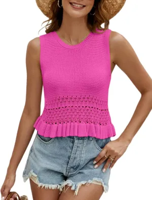 VIMPUNEC Womens Summer Crop Tank Tops Cute Knit Sweater Vest Crochet Sleeveless Pullover Top
