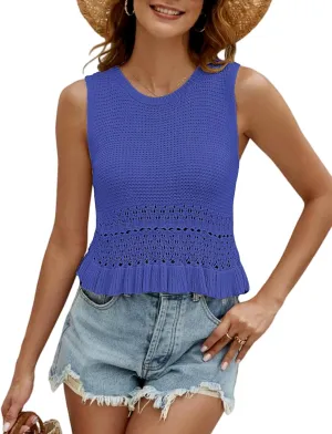 VIMPUNEC Womens Summer Crop Tank Tops Cute Knit Sweater Vest Crochet Sleeveless Pullover Top