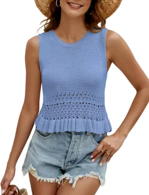VIMPUNEC Womens Summer Crop Tank Tops Cute Knit Sweater Vest Crochet Sleeveless Pullover Top