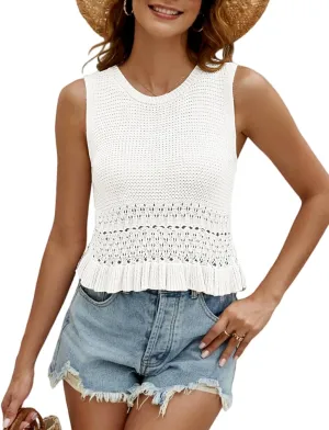 VIMPUNEC Womens Summer Crop Tank Tops Cute Knit Sweater Vest Crochet Sleeveless Pullover Top