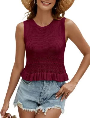 VIMPUNEC Womens Summer Crop Tank Tops Cute Knit Sweater Vest Crochet Sleeveless Pullover Top