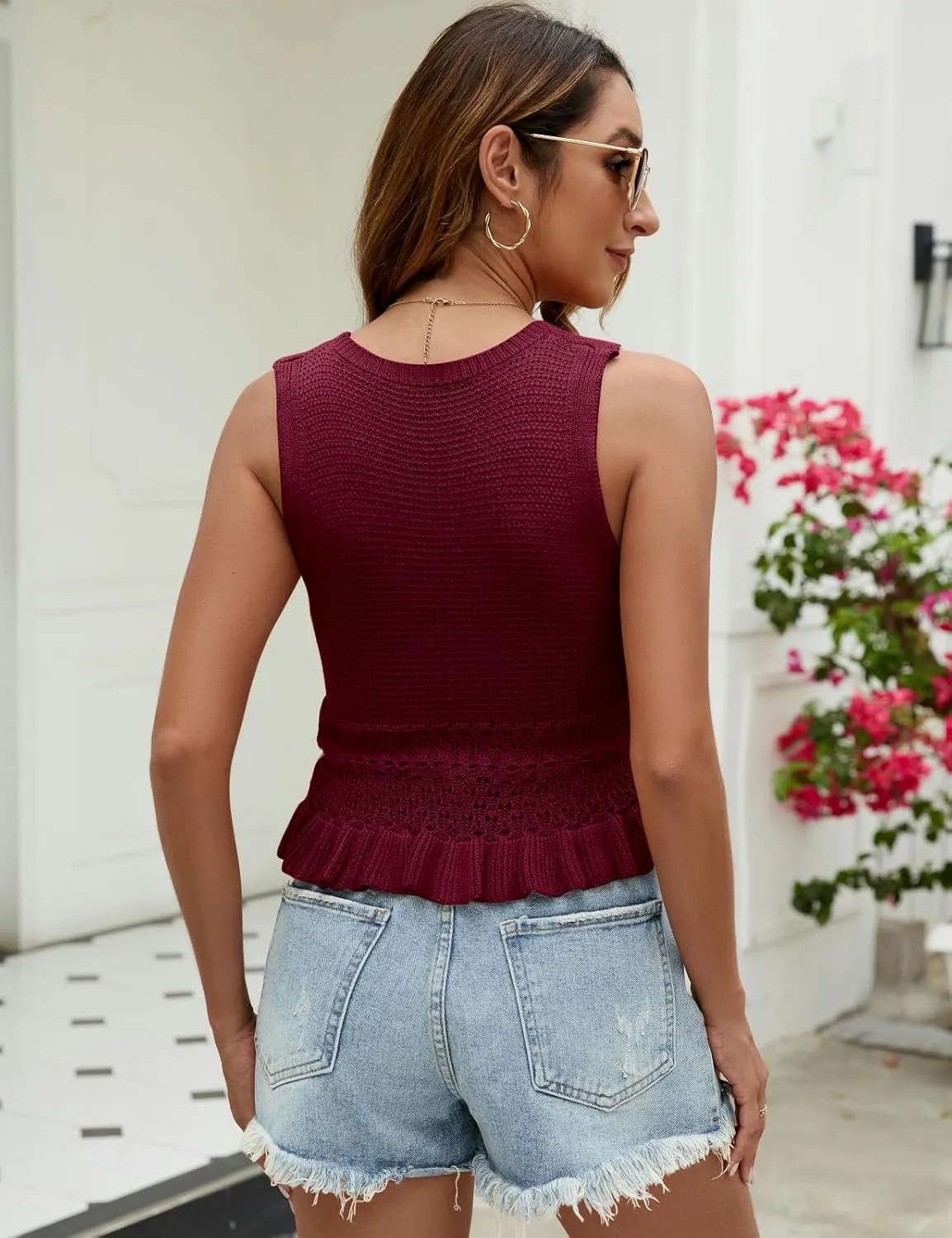 VIMPUNEC Womens Summer Crop Tank Tops Cute Knit Sweater Vest Crochet Sleeveless Pullover Top