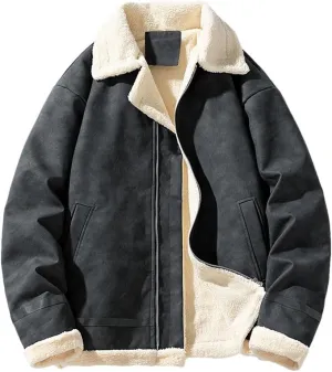 Vintage Thickened Fleece-Lined Jacket Leather Clasp Men's Winter Warm Cotton-Padded Coat Lamb Wool Sweater Jacket