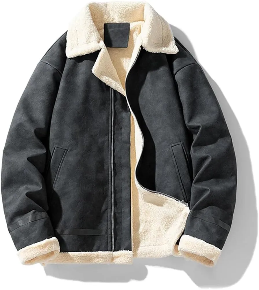 Vintage Thickened Fleece-Lined Jacket Leather Clasp Men's Winter Warm Cotton-Padded Coat Lamb Wool Sweater Jacket