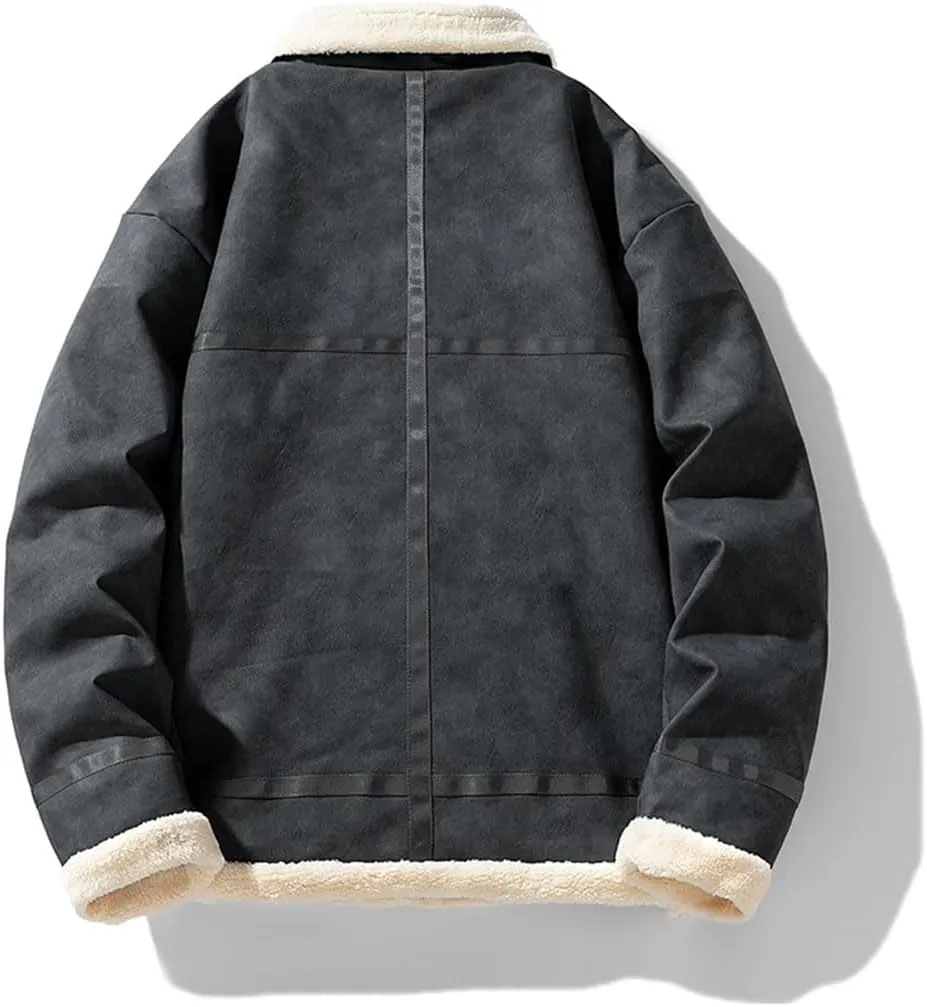 Vintage Thickened Fleece-Lined Jacket Leather Clasp Men's Winter Warm Cotton-Padded Coat Lamb Wool Sweater Jacket