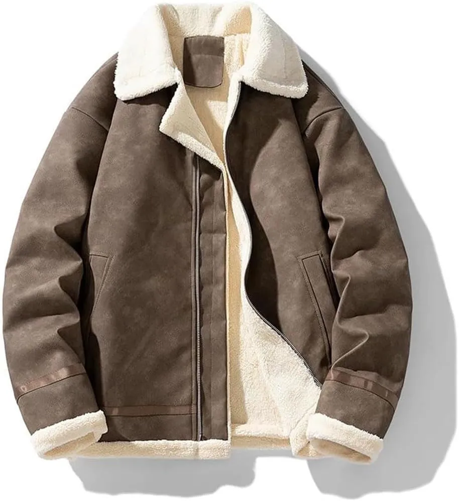 Vintage Thickened Fleece-Lined Jacket Leather Clasp Men's Winter Warm Cotton-Padded Coat Lamb Wool Sweater Jacket