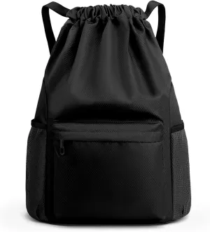 Water-Resistant Drawstring Gym Backpack Bag with Wet/Dry Separator Pocket, Black