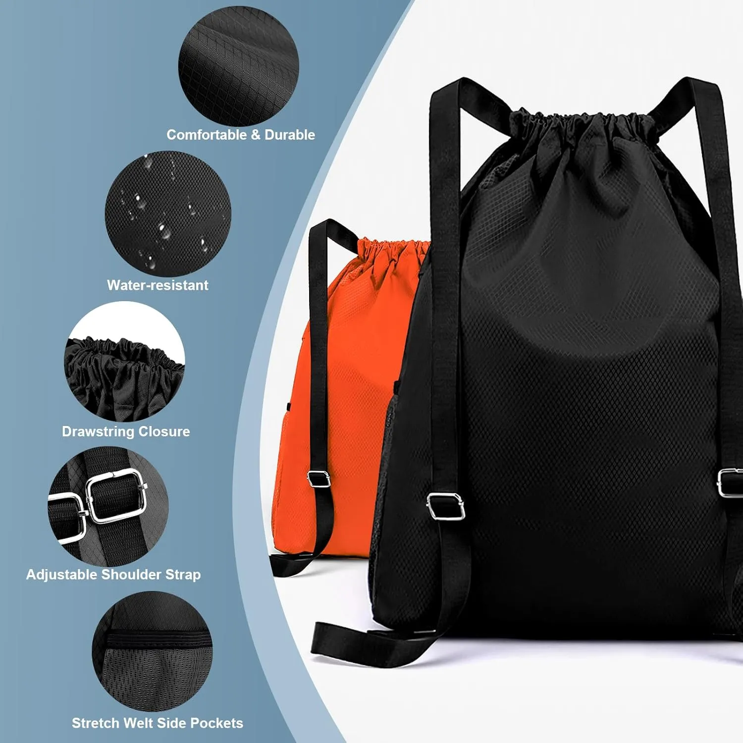 Water-Resistant Drawstring Gym Backpack Bag with Wet/Dry Separator Pocket, Black
