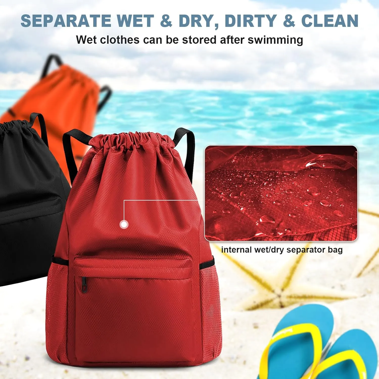 Water-Resistant Drawstring Gym Backpack Bag with Wet/Dry Separator Pocket, Black