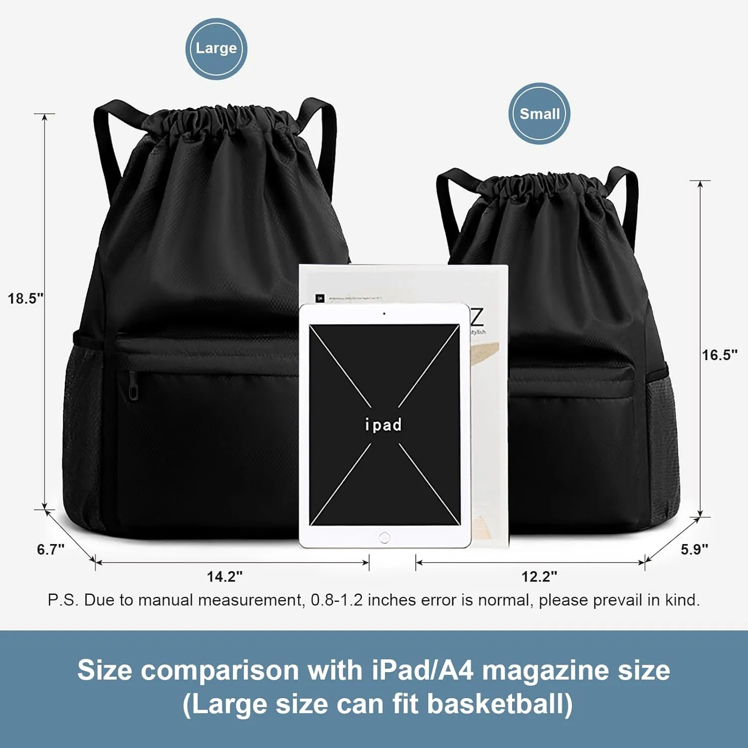 Water-Resistant Drawstring Gym Backpack Bag with Wet/Dry Separator Pocket, Black