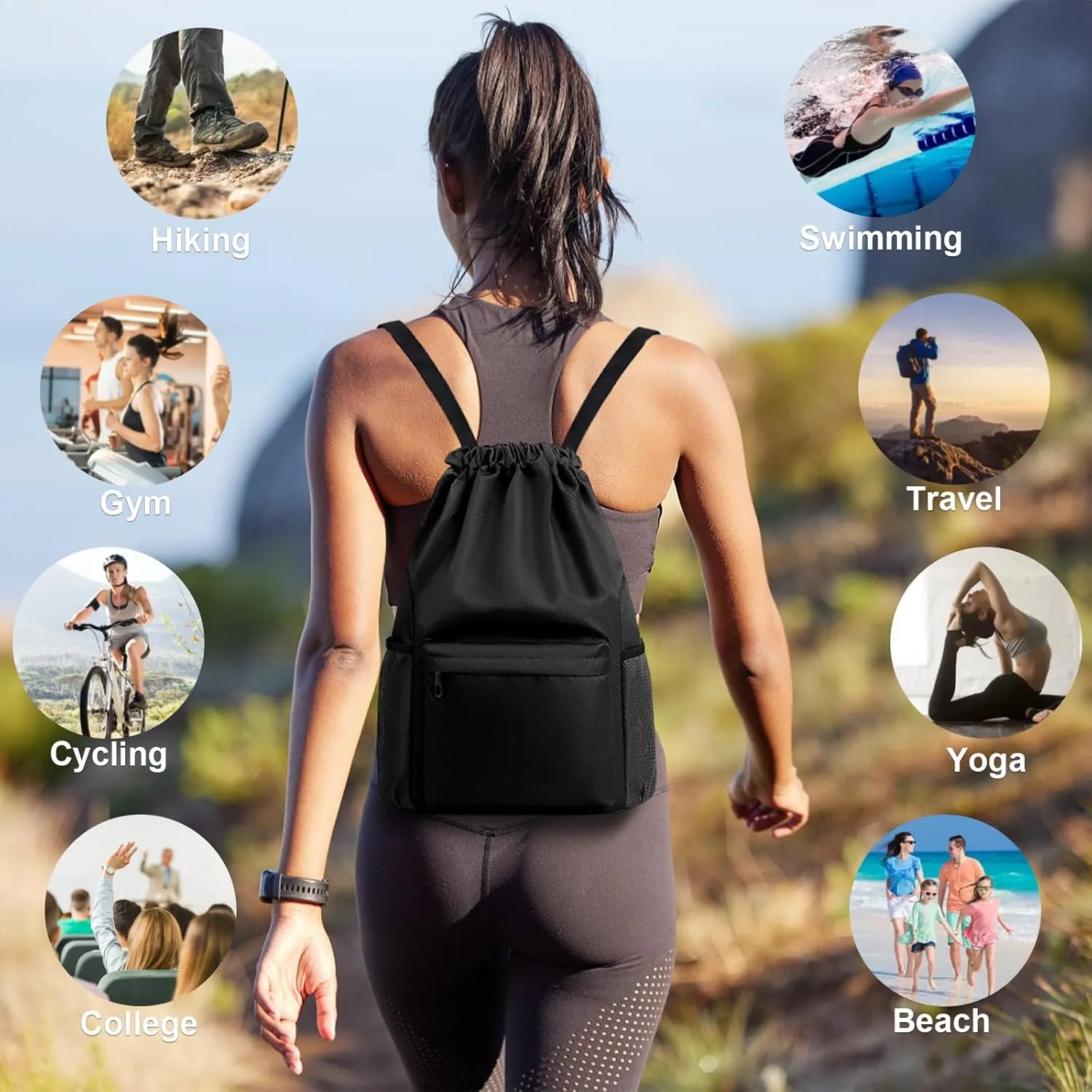 Water-Resistant Drawstring Gym Backpack Bag with Wet/Dry Separator Pocket, Black