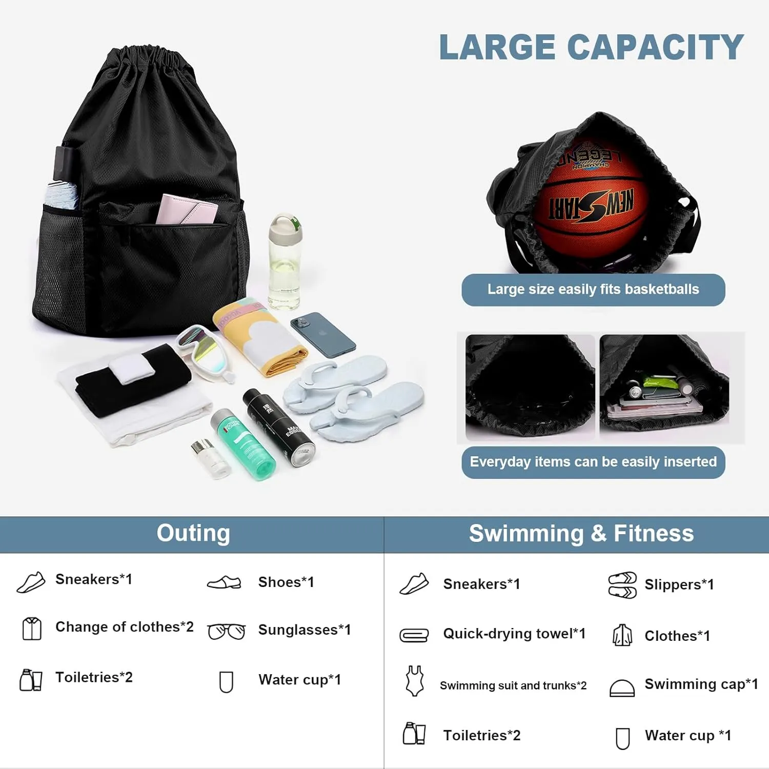 Water-Resistant Drawstring Gym Backpack Bag with Wet/Dry Separator Pocket, Black