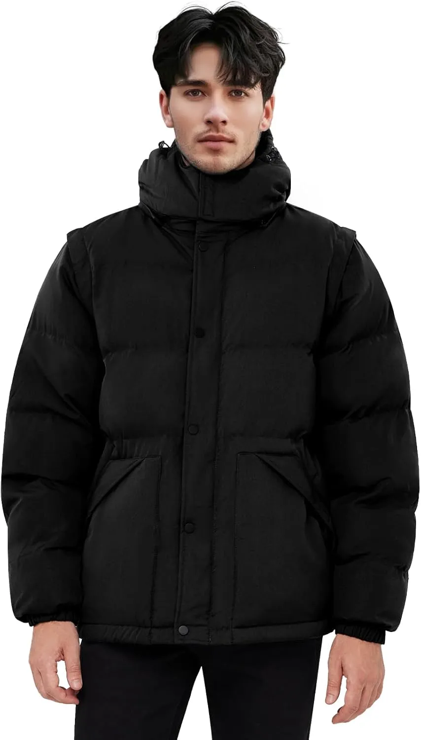 WEEN CHARM Men's Removable Sleeves Winter Coat Puffer Vest Waterproof Parka Jacket Warm Thicken Ski Coat with Removable Hood
