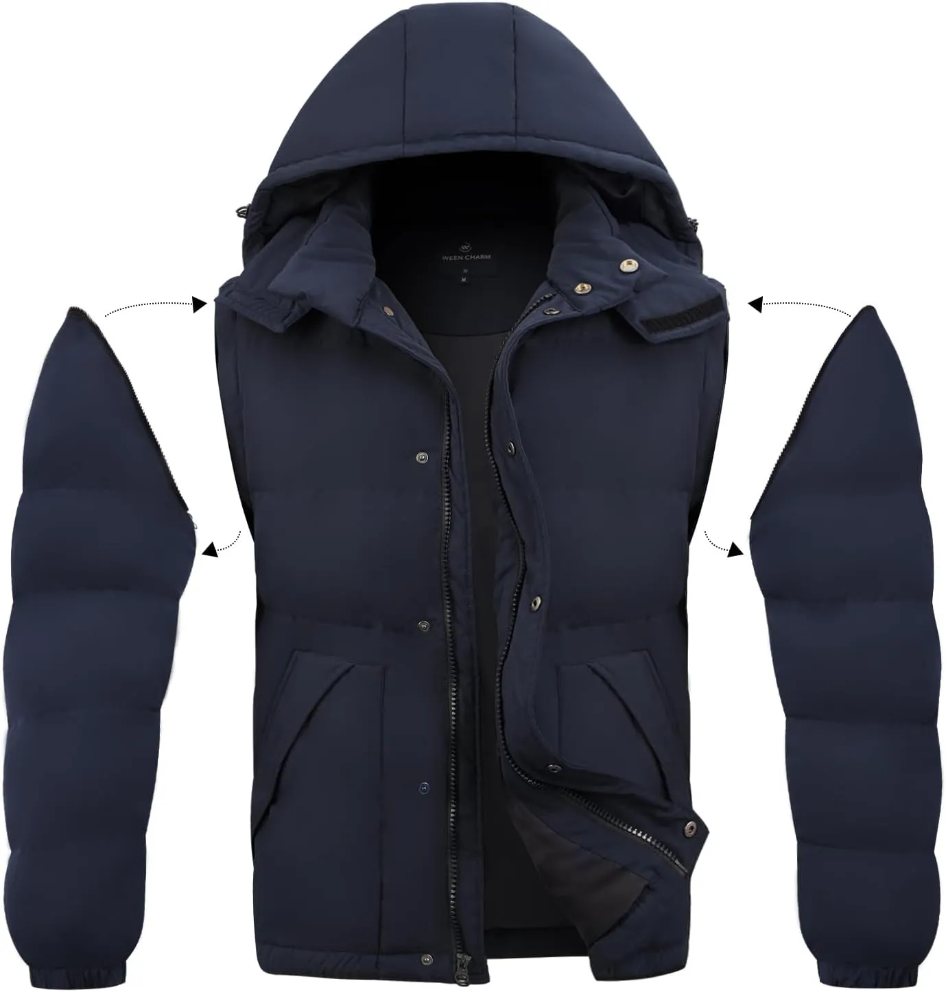 WEEN CHARM Men's Removable Sleeves Winter Coat Puffer Vest Waterproof Parka Jacket Warm Thicken Ski Coat with Removable Hood
