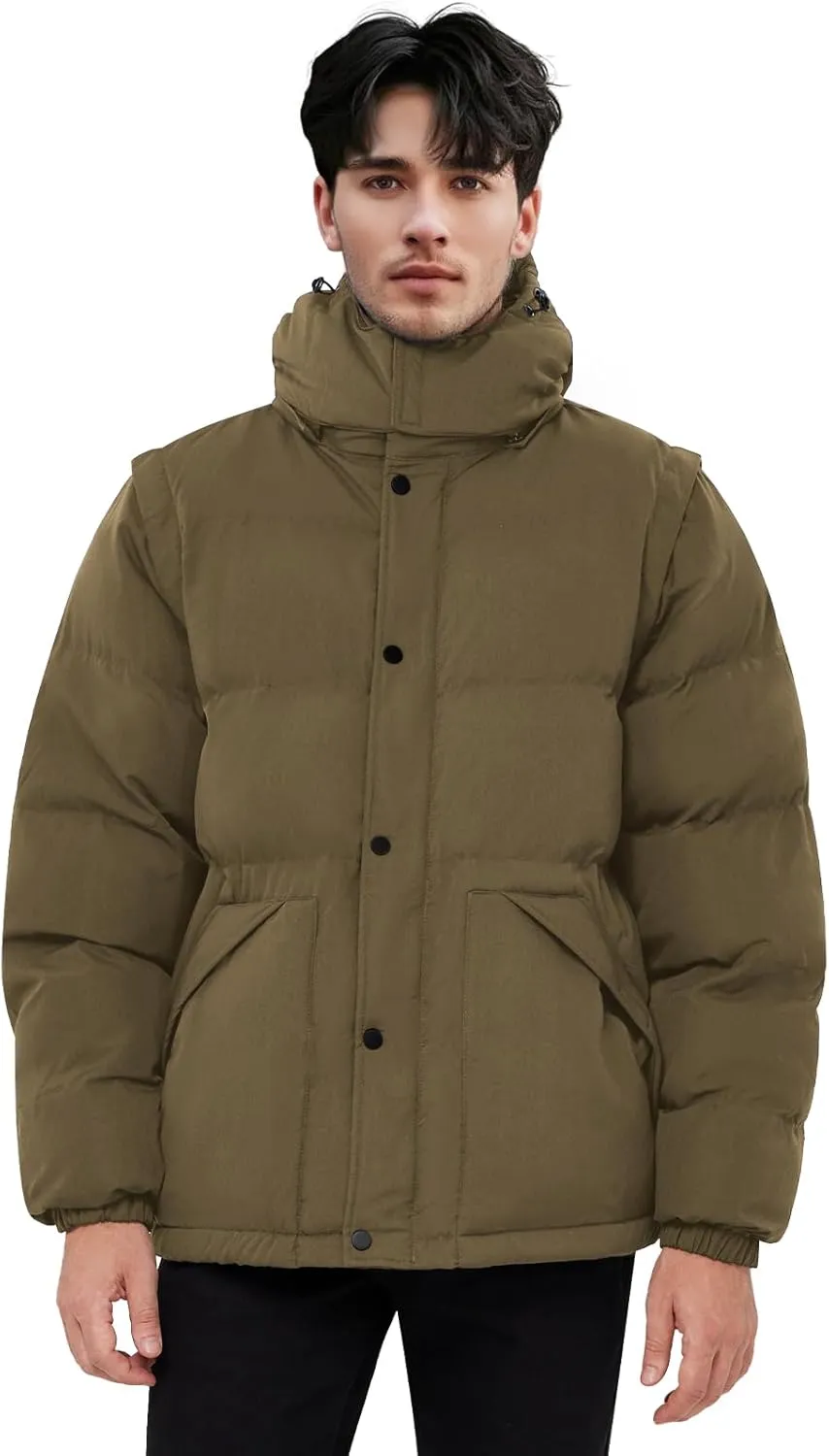 WEEN CHARM Men's Removable Sleeves Winter Coat Puffer Vest Waterproof Parka Jacket Warm Thicken Ski Coat with Removable Hood