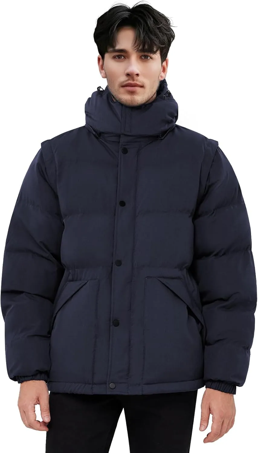 WEEN CHARM Men's Removable Sleeves Winter Coat Puffer Vest Waterproof Parka Jacket Warm Thicken Ski Coat with Removable Hood