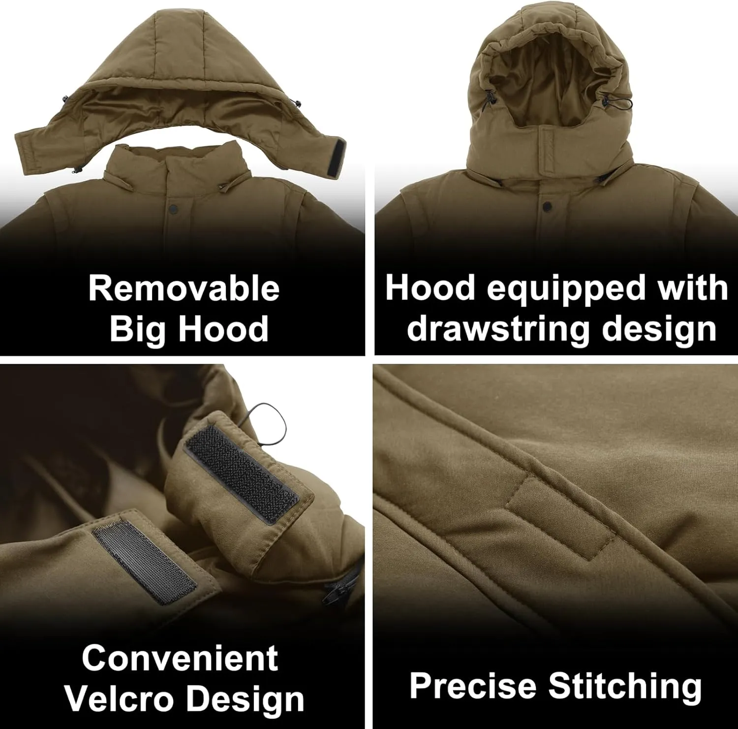 WEEN CHARM Men's Removable Sleeves Winter Coat Puffer Vest Waterproof Parka Jacket Warm Thicken Ski Coat with Removable Hood