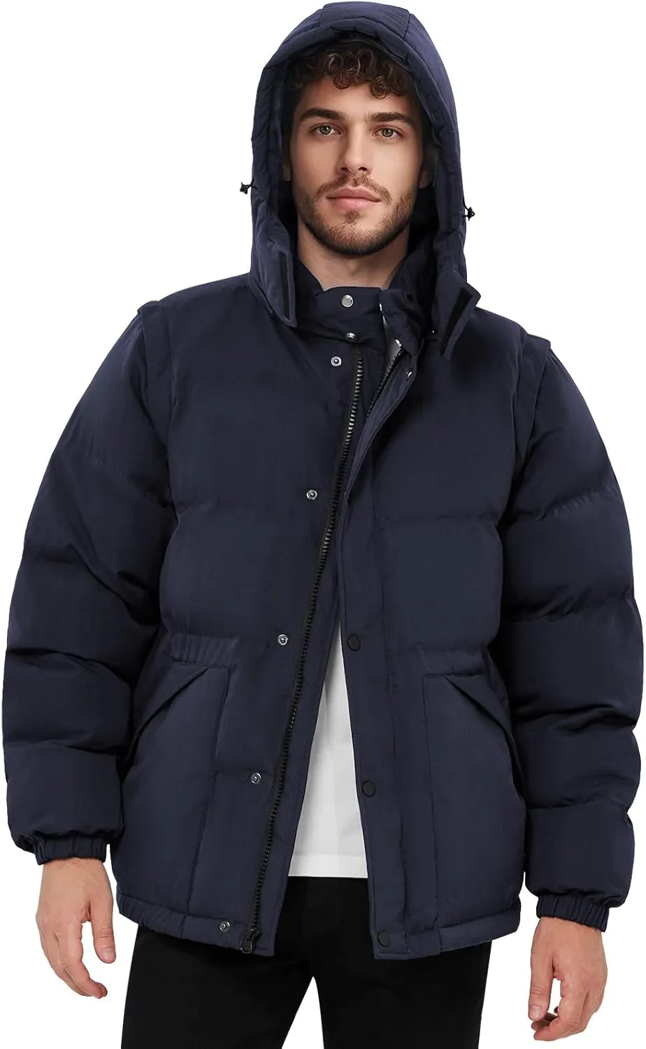 WEEN CHARM Men's Removable Sleeves Winter Coat Puffer Vest Waterproof Parka Jacket Warm Thicken Ski Coat with Removable Hood