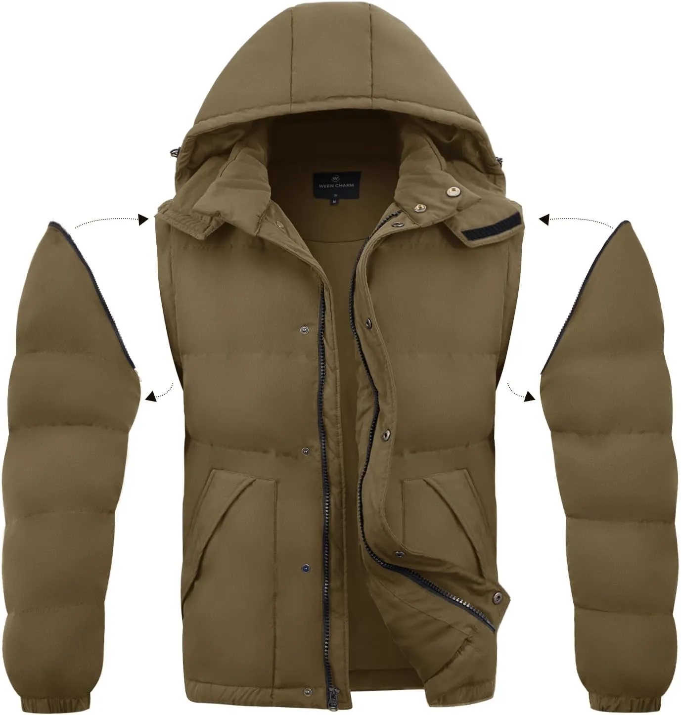 WEEN CHARM Men's Removable Sleeves Winter Coat Puffer Vest Waterproof Parka Jacket Warm Thicken Ski Coat with Removable Hood