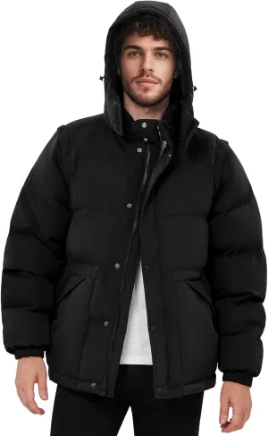 WEEN CHARM Men's Removable Sleeves Winter Coat Puffer Vest Waterproof Parka Jacket Warm Thicken Ski Coat with Removable Hood