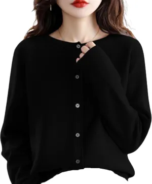 WENOREG Women's Round Neck Cardigan Sweaters Button Front Long Sleeve Soft Warm Knit Open Front Sweater