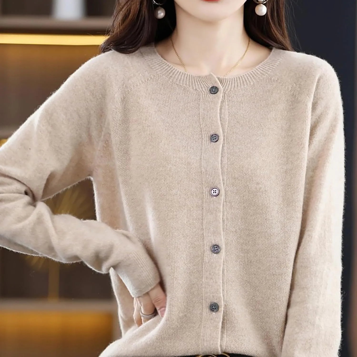 WENOREG Women's Round Neck Cardigan Sweaters Button Front Long Sleeve Soft Warm Knit Open Front Sweater