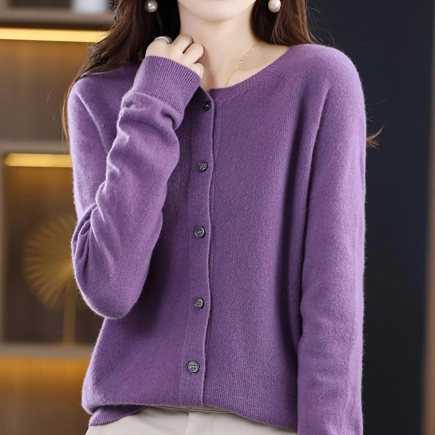 WENOREG Women's Round Neck Cardigan Sweaters Button Front Long Sleeve Soft Warm Knit Open Front Sweater