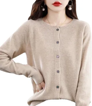 WENOREG Women's Round Neck Cardigan Sweaters Button Front Long Sleeve Soft Warm Knit Open Front Sweater