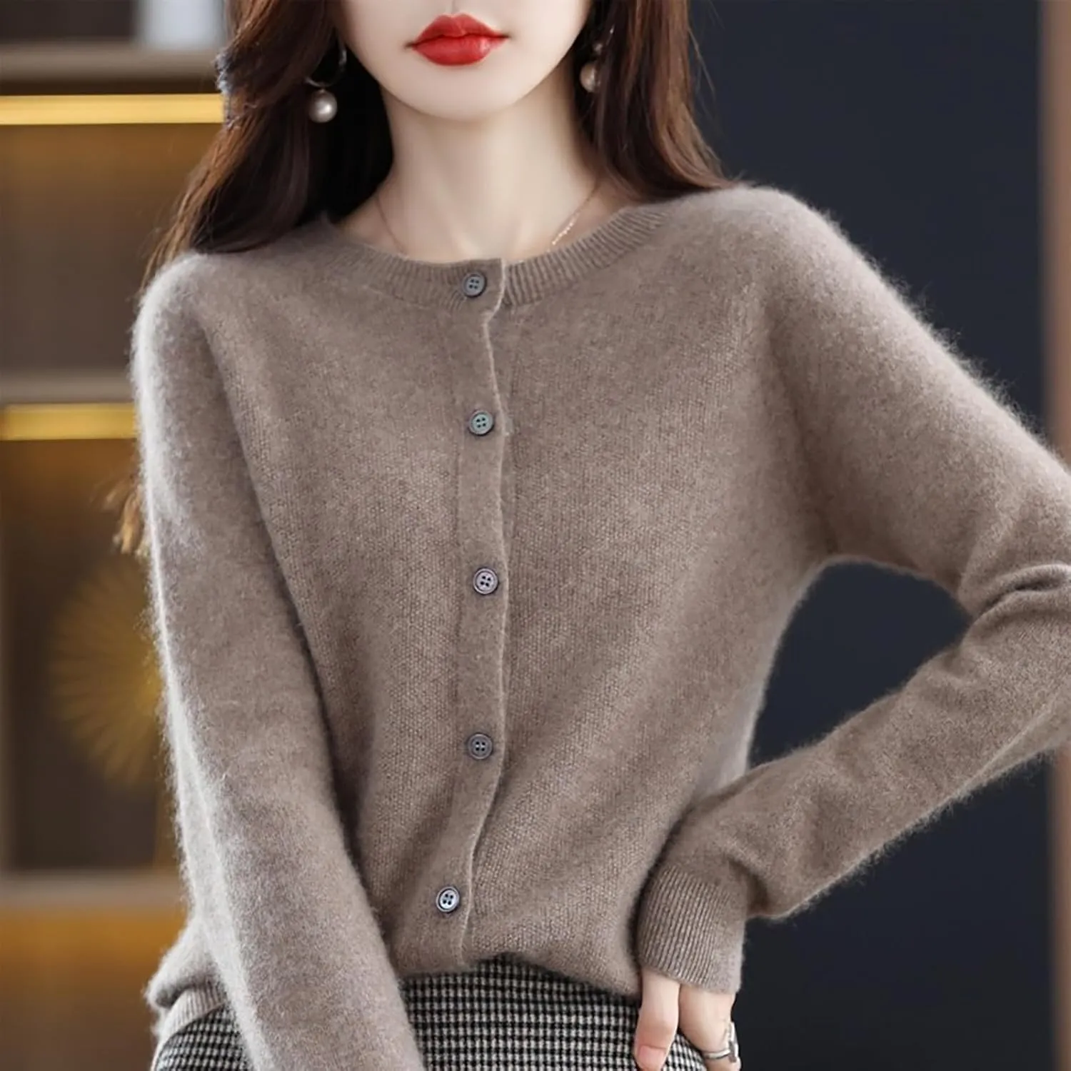 WENOREG Women's Round Neck Cardigan Sweaters Button Front Long Sleeve Soft Warm Knit Open Front Sweater